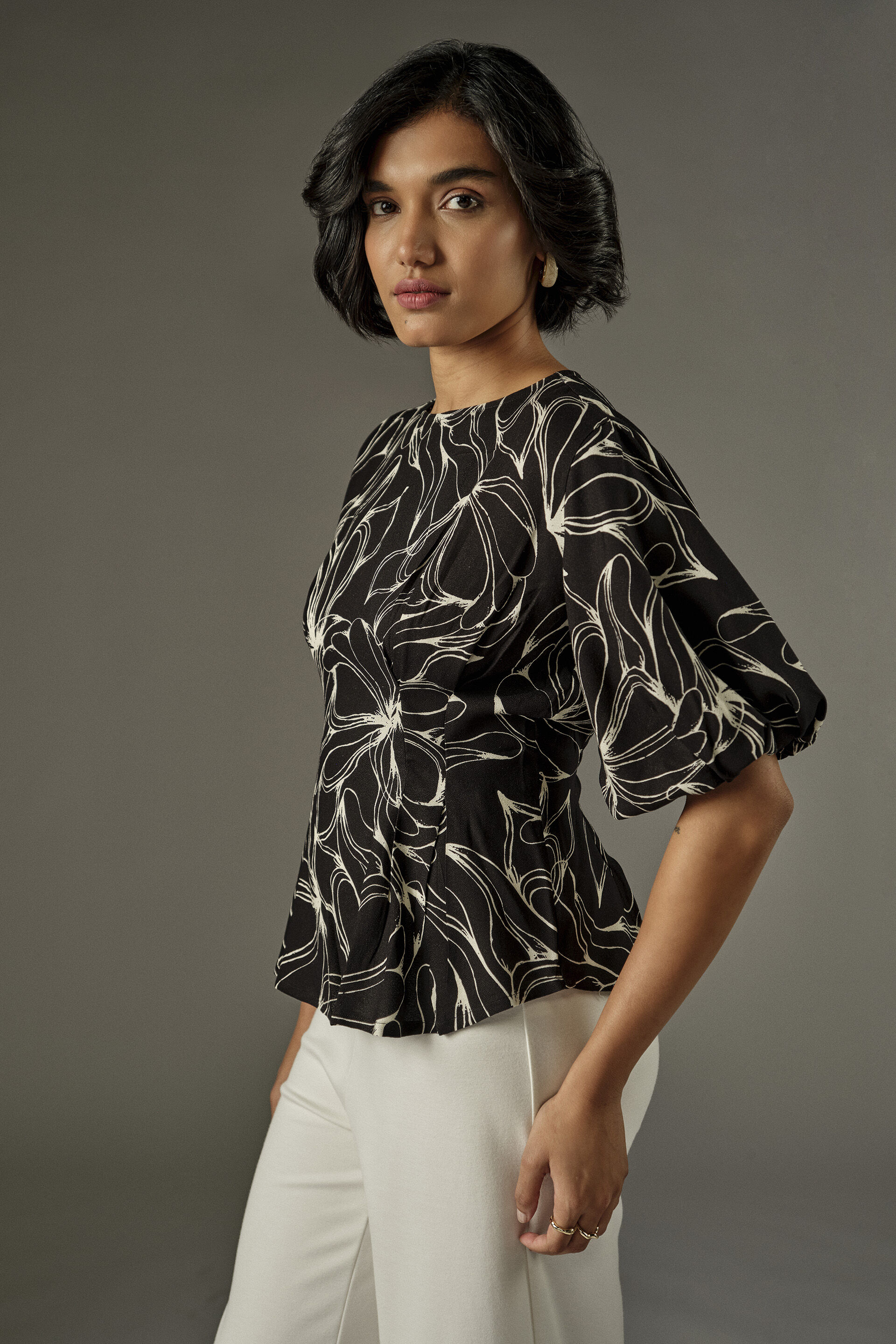 Abstract Florals Peplum Top in Black, Black, image 3